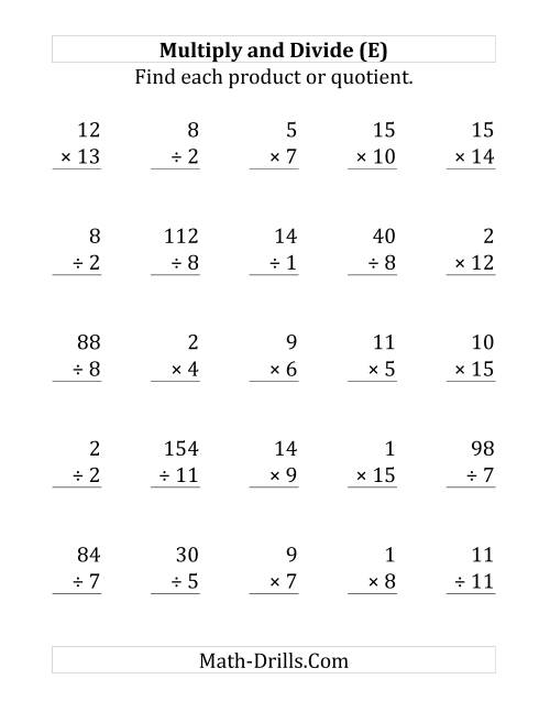 The Multiplying and Dividing with Facts From 1 to 15 (E) Math Worksheet