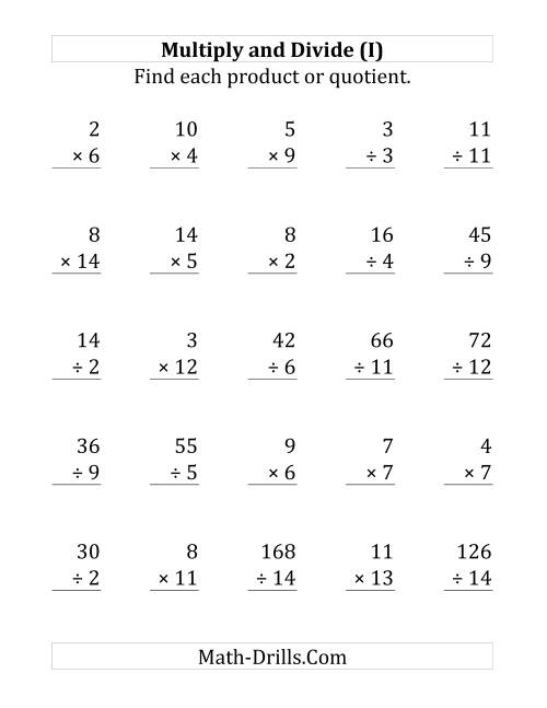 The Multiplying and Dividing with Facts From 1 to 15 (I) Math Worksheet