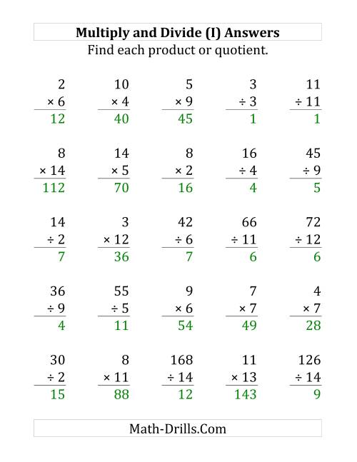 The Multiplying and Dividing with Facts From 1 to 15 (I) Math Worksheet Page 2