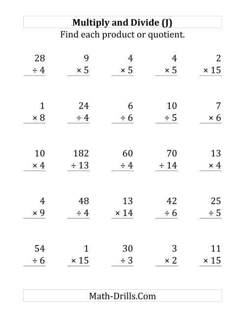 The Multiplying and Dividing with Facts From 1 to 15 (J) Math Worksheet