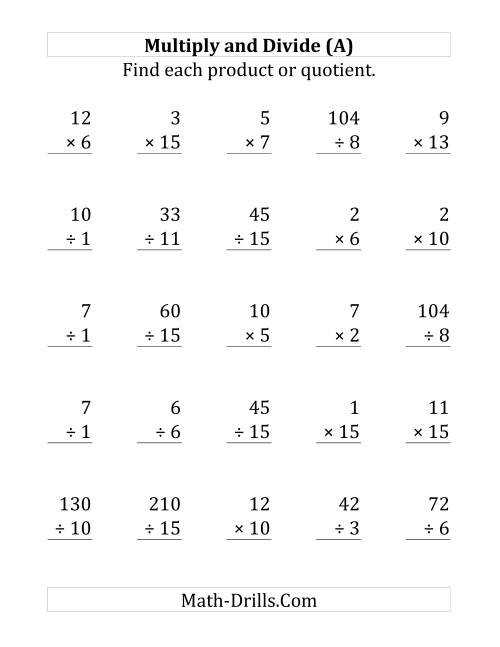 The Multiplying and Dividing with Facts From 1 to 15 (Large Print) Math Worksheet