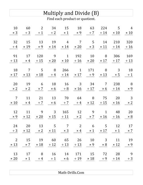 The Multiplying and Dividing with Facts From 1 to 20 (B) Math Worksheet