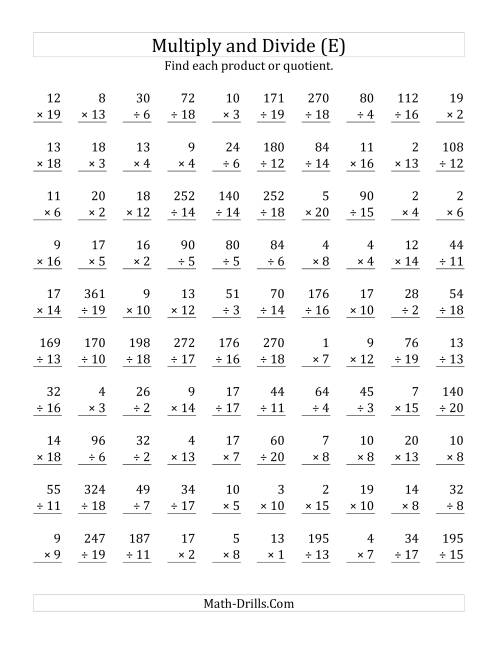 The Multiplying and Dividing with Facts From 1 to 20 (E) Math Worksheet