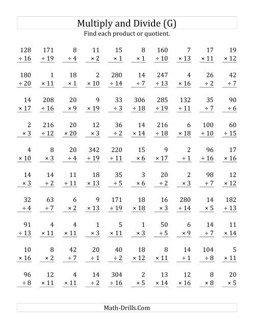 The Multiplying and Dividing with Facts From 1 to 20 (G) Math Worksheet