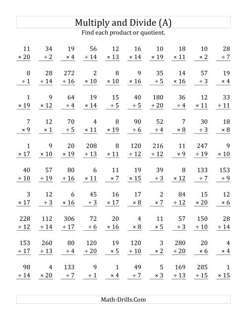 The Multiplying and Dividing with Facts From 1 to 20 (All) Math Worksheet