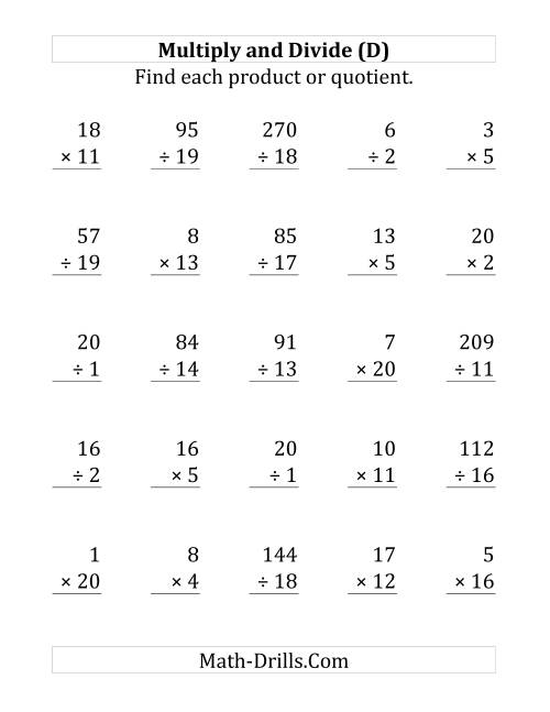 The Multiplying and Dividing with Facts From 1 to 20 (D) Math Worksheet