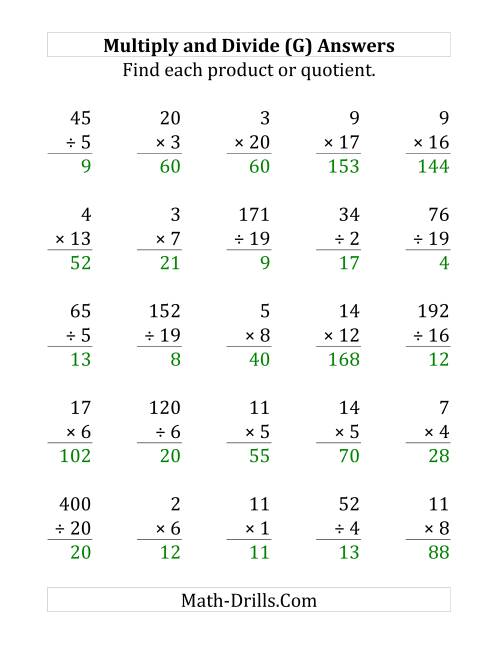 The Multiplying and Dividing with Facts From 1 to 20 (G) Math Worksheet Page 2