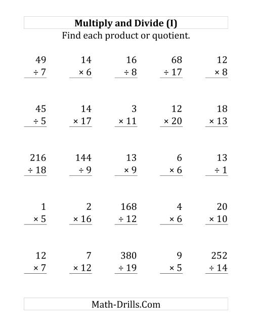 The Multiplying and Dividing with Facts From 1 to 20 (I) Math Worksheet