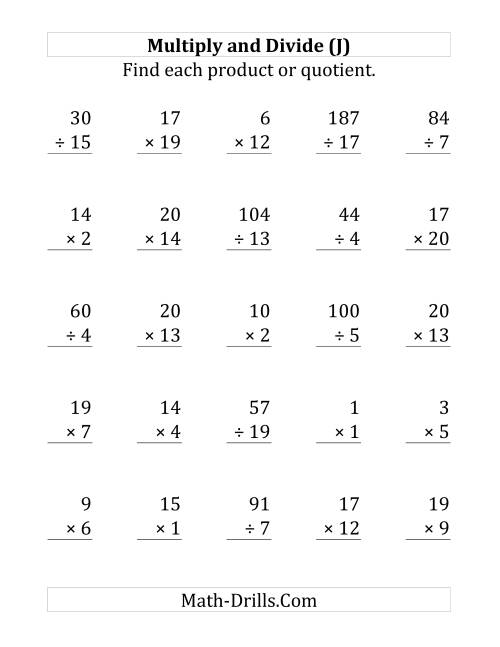 The Multiplying and Dividing with Facts From 1 to 20 (J) Math Worksheet