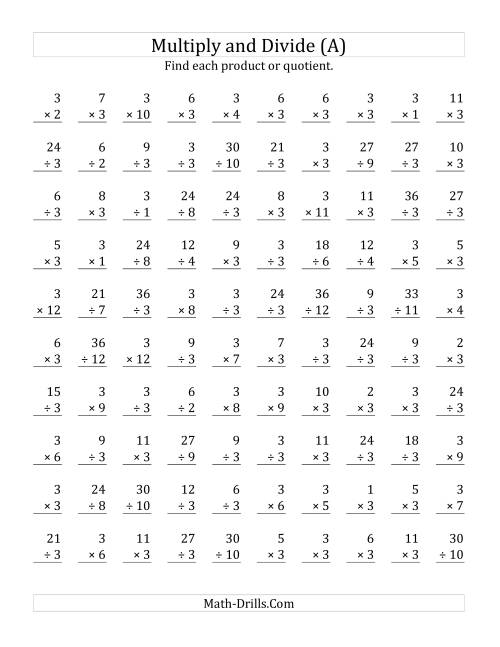 The Multiplying and Dividing by 3 (A) Math Worksheet
