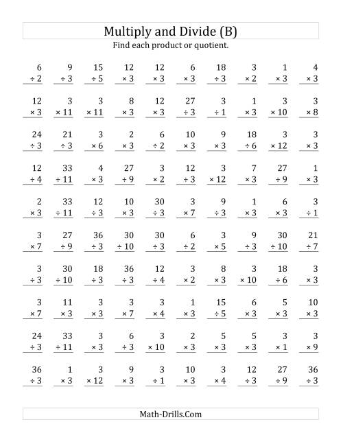 The Multiplying and Dividing by 3 (B) Math Worksheet