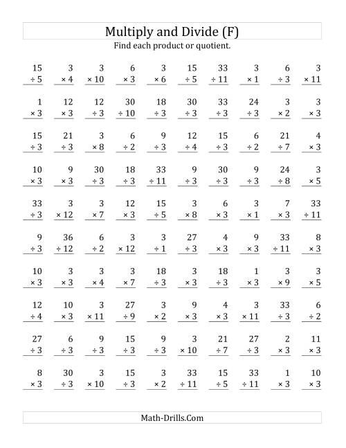 The Multiplying and Dividing by 3 (F) Math Worksheet