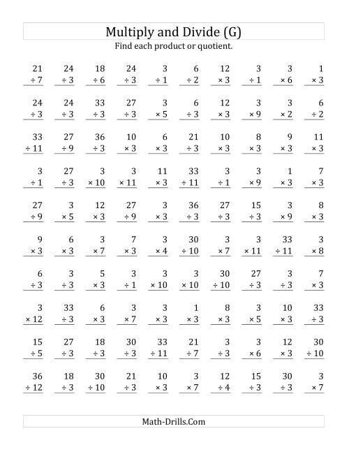The Multiplying and Dividing by 3 (G) Math Worksheet