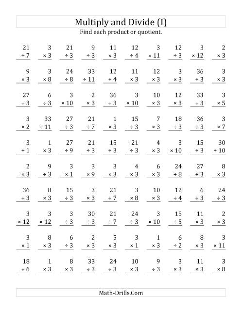 The Multiplying and Dividing by 3 (I) Math Worksheet