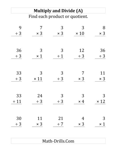 The Multiplying and Dividing by 3 (A) Math Worksheet