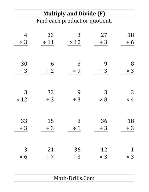 The Multiplying and Dividing by 3 (F) Math Worksheet