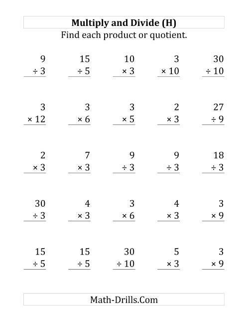 The Multiplying and Dividing by 3 (H) Math Worksheet