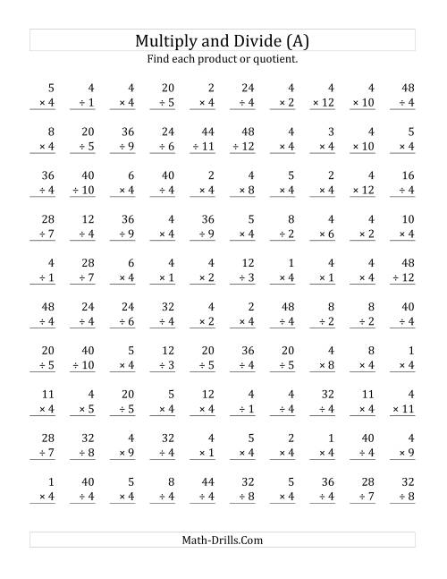 The Multiplying and Dividing by 4 (A) Math Worksheet
