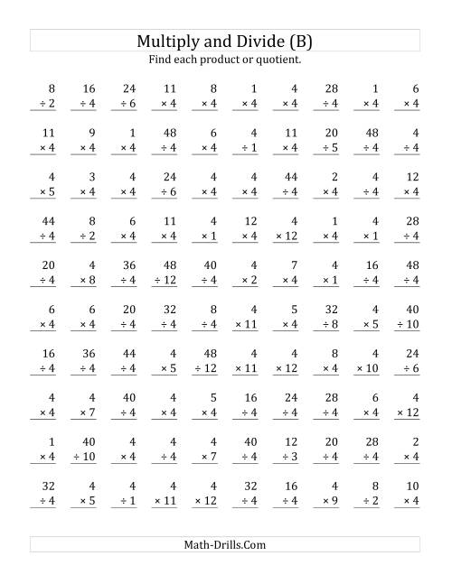 The Multiplying and Dividing by 4 (B) Math Worksheet