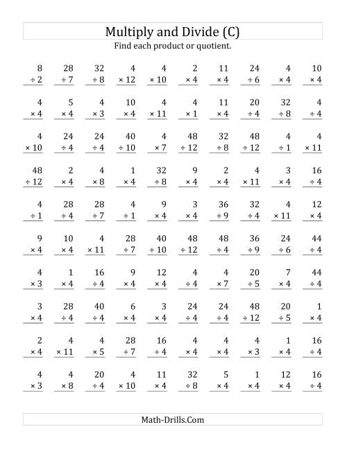 The Multiplying and Dividing by 4 (C) Math Worksheet