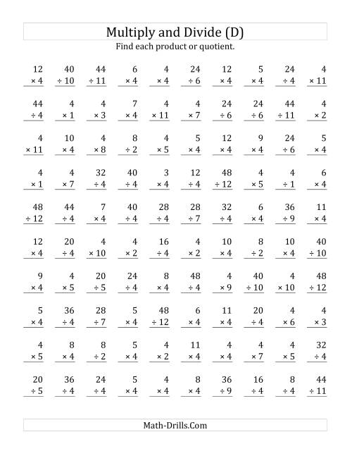 The Multiplying and Dividing by 4 (D) Math Worksheet