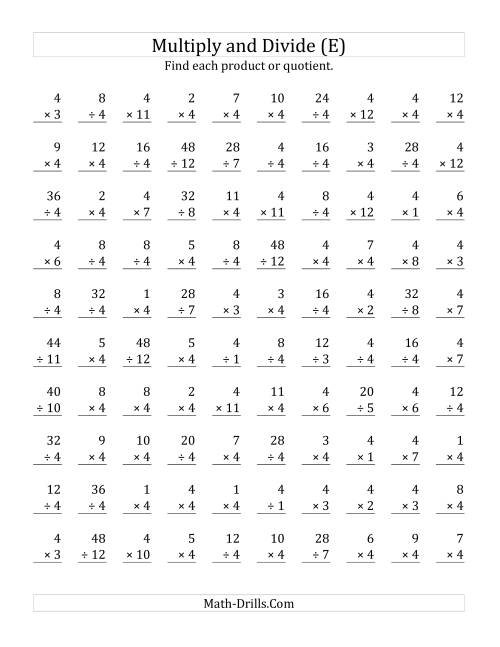 The Multiplying and Dividing by 4 (E) Math Worksheet
