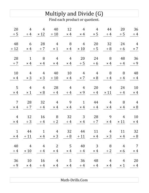 The Multiplying and Dividing by 4 (G) Math Worksheet