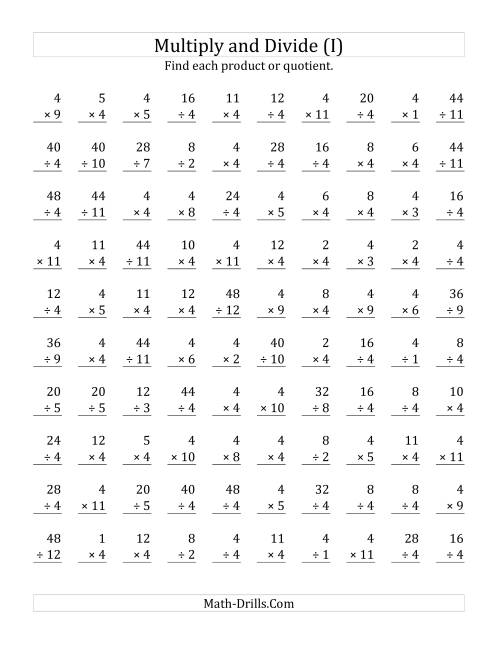 The Multiplying and Dividing by 4 (I) Math Worksheet
