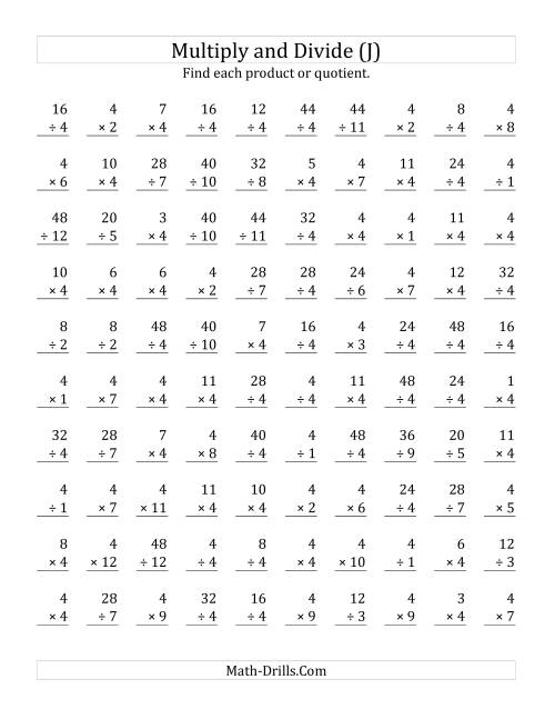 The Multiplying and Dividing by 4 (J) Math Worksheet