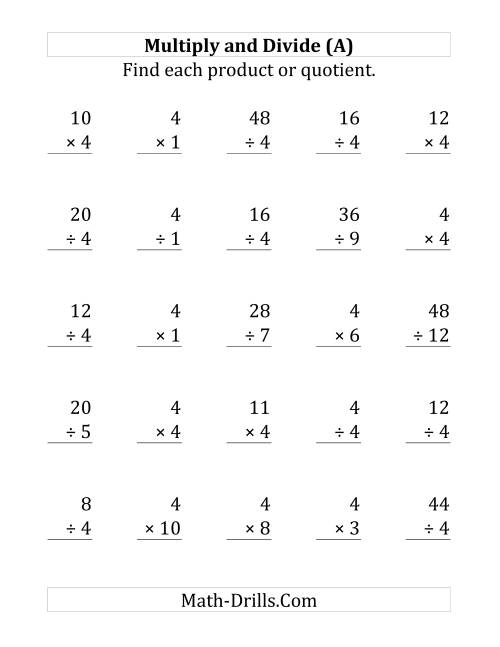 The Multiplying and Dividing by 4 (A) Math Worksheet
