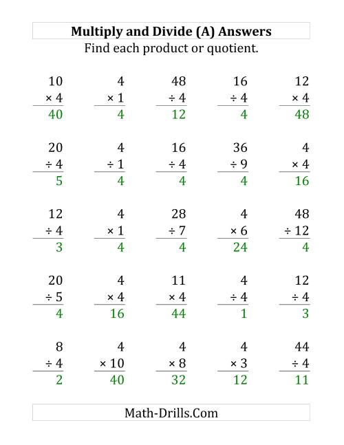 The Multiplying and Dividing by 4 (A) Math Worksheet Page 2