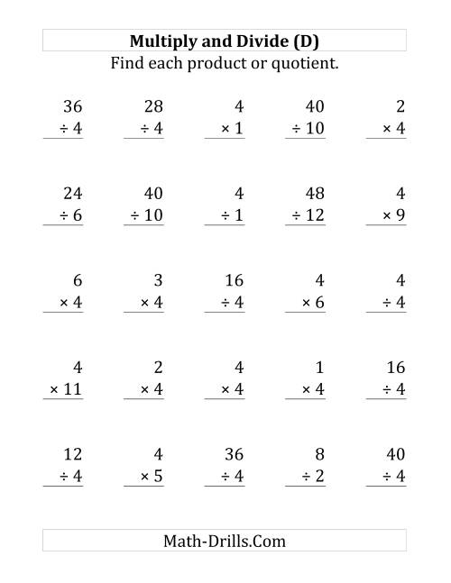 The Multiplying and Dividing by 4 (D) Math Worksheet