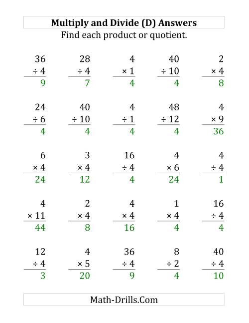 The Multiplying and Dividing by 4 (D) Math Worksheet Page 2