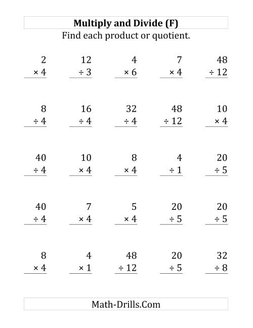 The Multiplying and Dividing by 4 (F) Math Worksheet