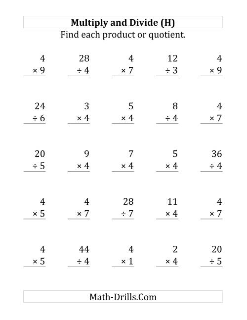 The Multiplying and Dividing by 4 (H) Math Worksheet