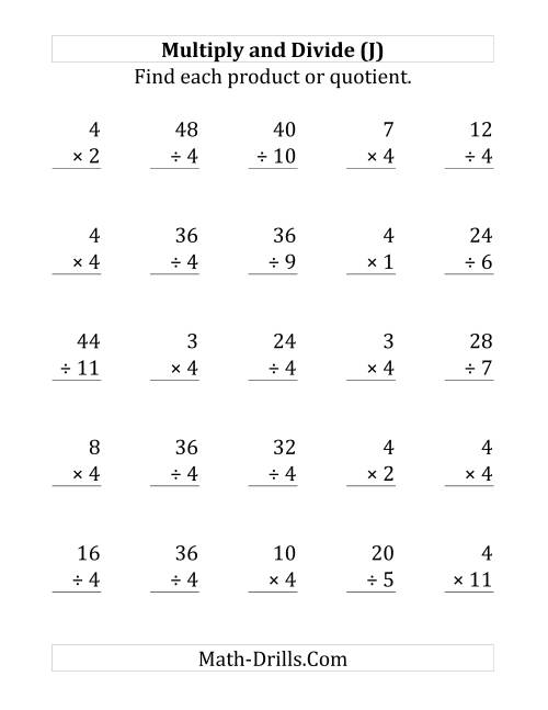 The Multiplying and Dividing by 4 (J) Math Worksheet