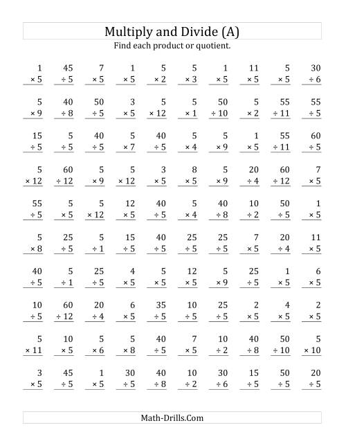 The Multiplying and Dividing by 5 (A) Math Worksheet