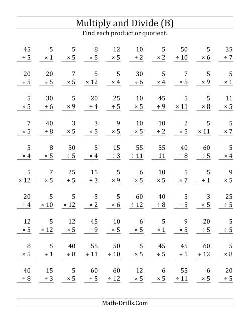 The Multiplying and Dividing by 5 (B) Math Worksheet