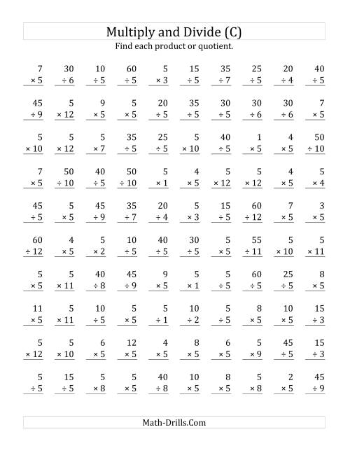 The Multiplying and Dividing by 5 (C) Math Worksheet