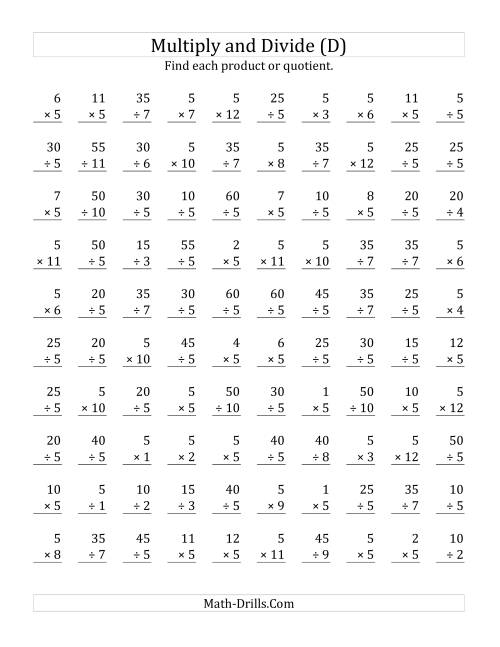 The Multiplying and Dividing by 5 (D) Math Worksheet