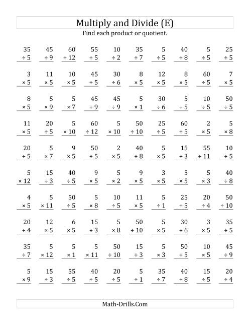 The Multiplying and Dividing by 5 (E) Math Worksheet