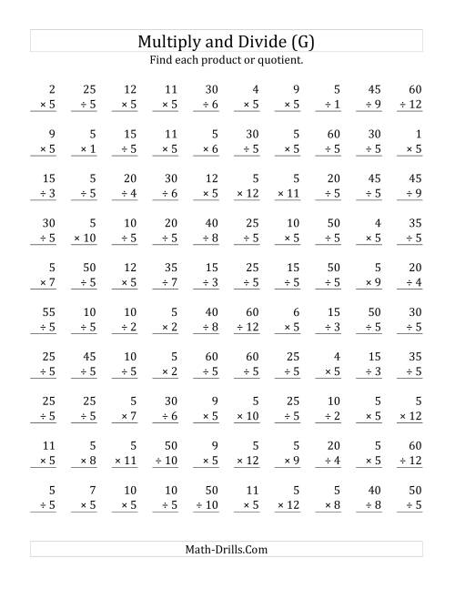 The Multiplying and Dividing by 5 (G) Math Worksheet