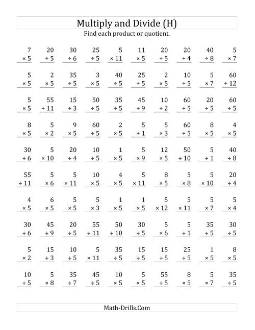 The Multiplying and Dividing by 5 (H) Math Worksheet