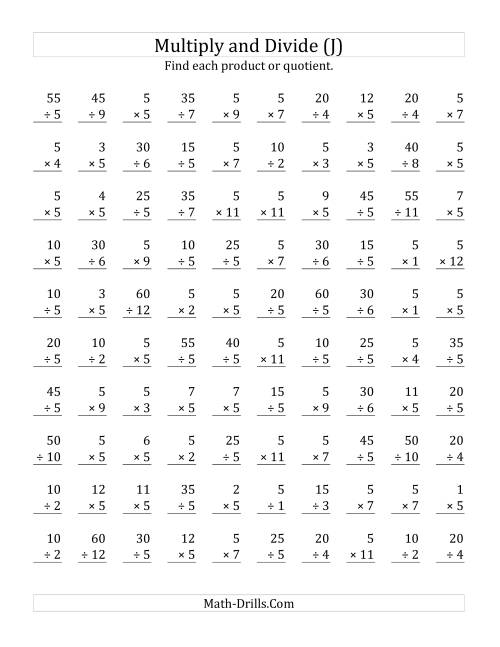 The Multiplying and Dividing by 5 (J) Math Worksheet