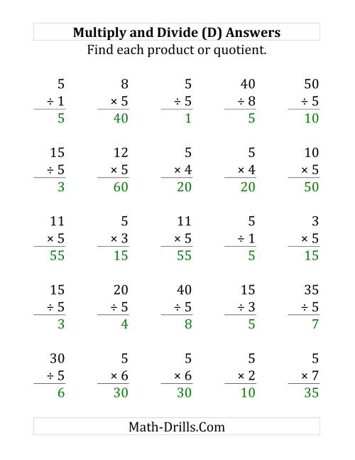 The Multiplying and Dividing by 5 (D) Math Worksheet Page 2