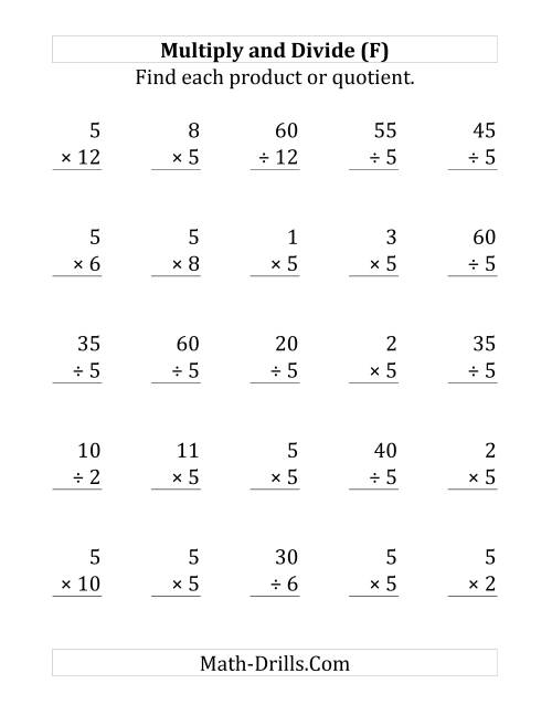 The Multiplying and Dividing by 5 (F) Math Worksheet