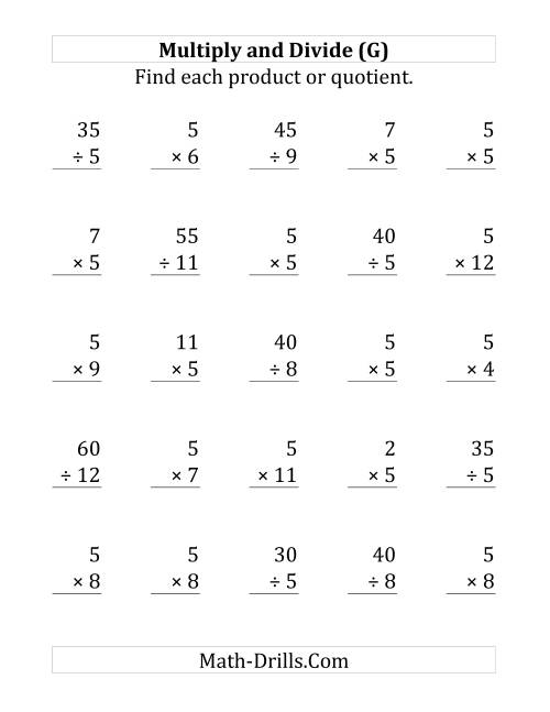 The Multiplying and Dividing by 5 (G) Math Worksheet