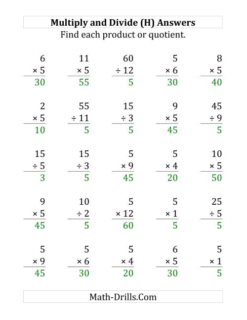 The Multiplying and Dividing by 5 (H) Math Worksheet Page 2