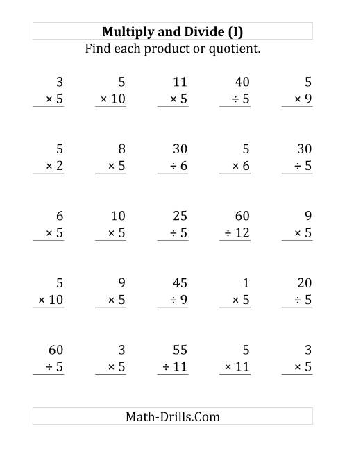 The Multiplying and Dividing by 5 (I) Math Worksheet