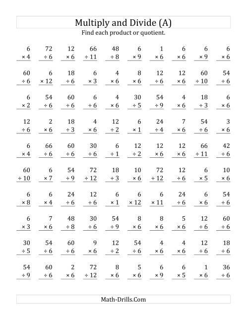 The Multiplying and Dividing by 6 (A) Math Worksheet